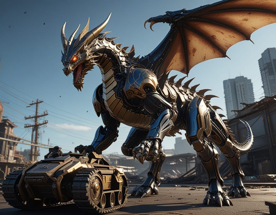 Glowing Blue Eyes of Cybernetic Dragon Leap Over Wrecked Tan...