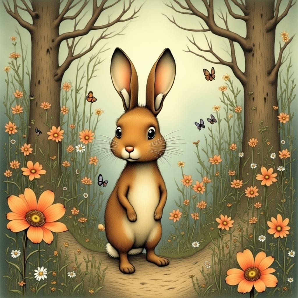 Whimsical Rabbit in Enchanted Forest Landscape