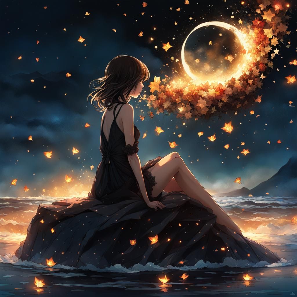 Noir Anime Goddess Illuminated by Falling Stars