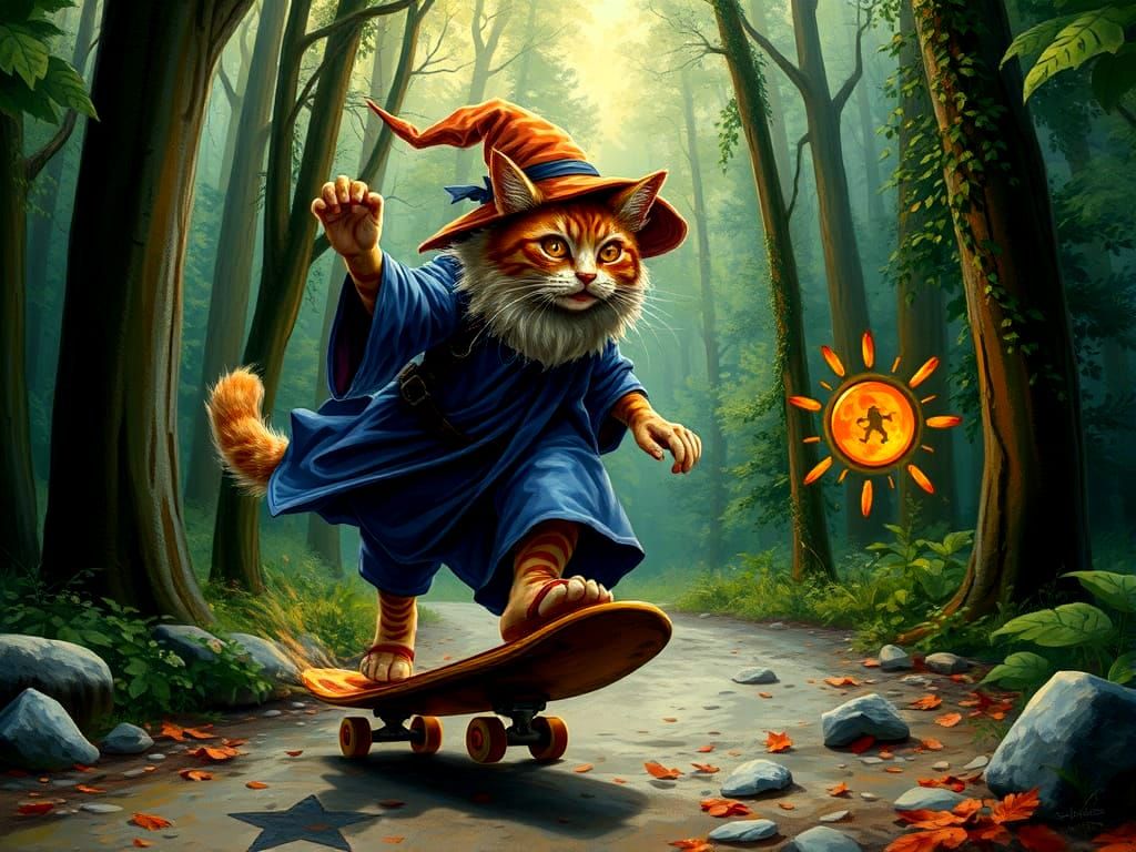 Magical Cat Chasing Wizard on Skateboard as Impasto Painting