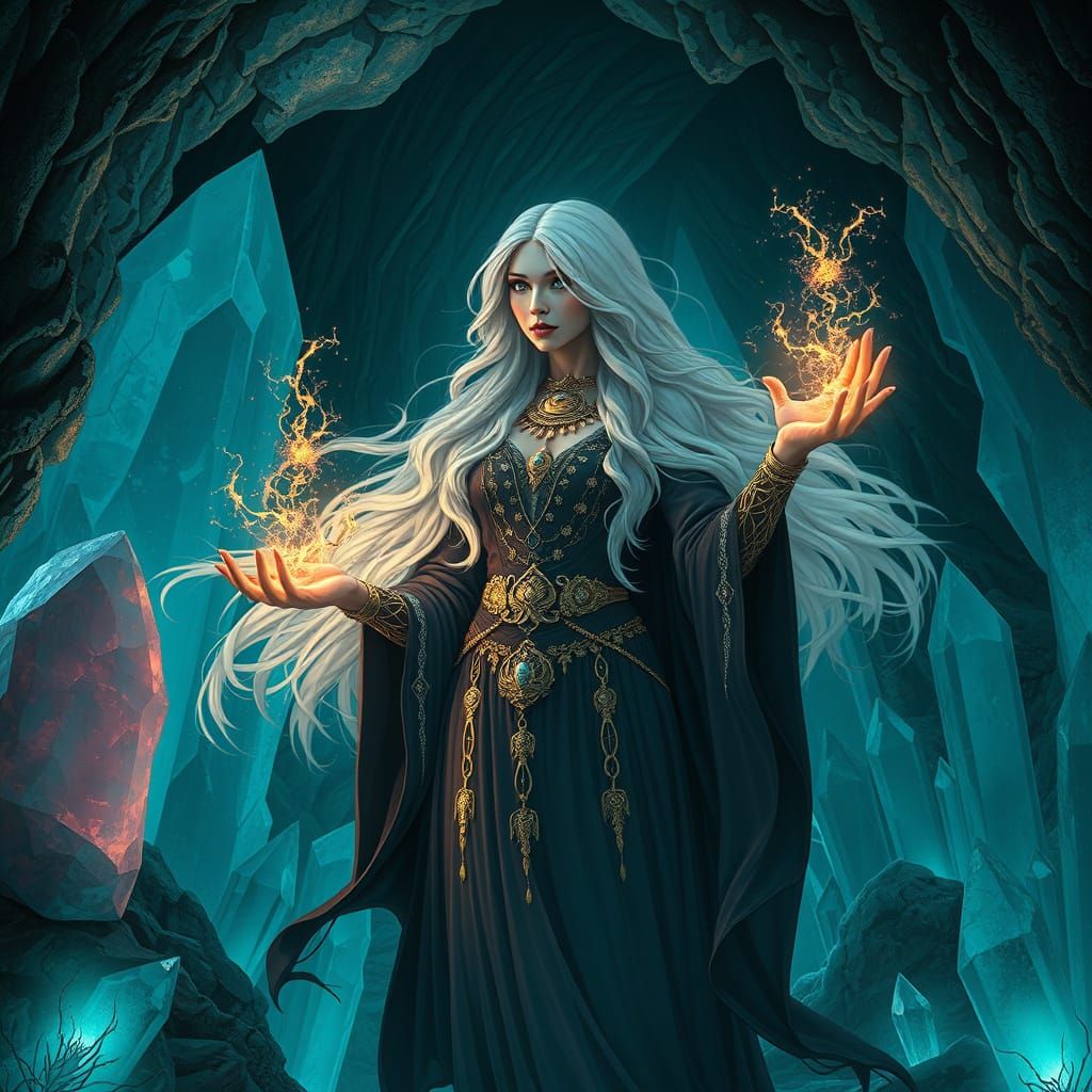 Enchanted Sorceress Levitates in Crystal Cave, Casting Ancie...