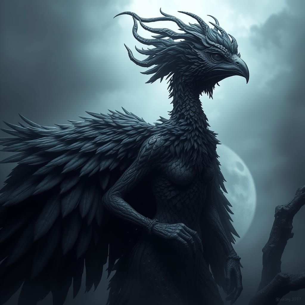 Mysterious Female Harpy in Dark, Whimsical Style