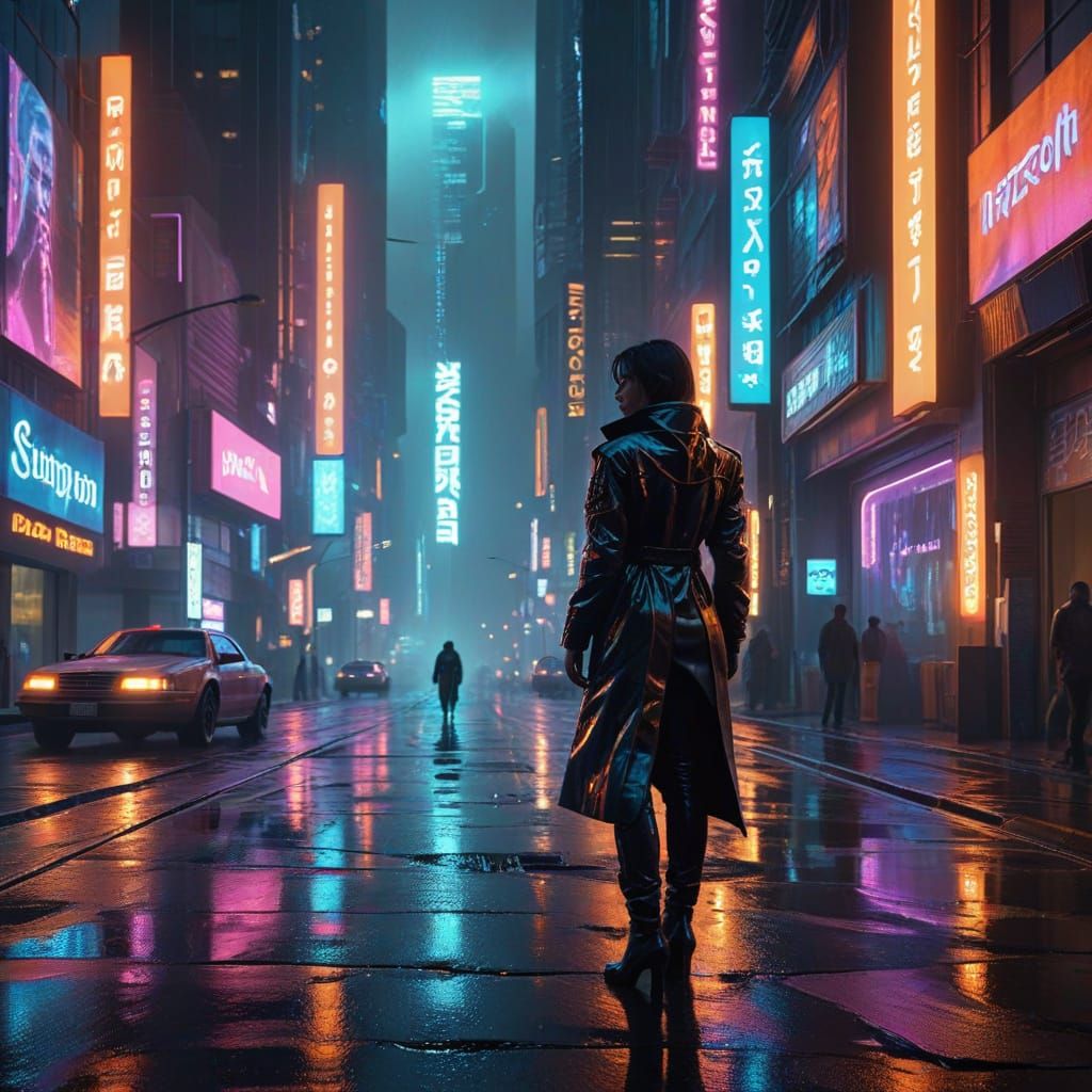 Cyberpunk Cityscape with Lone Figure in Neon Rain