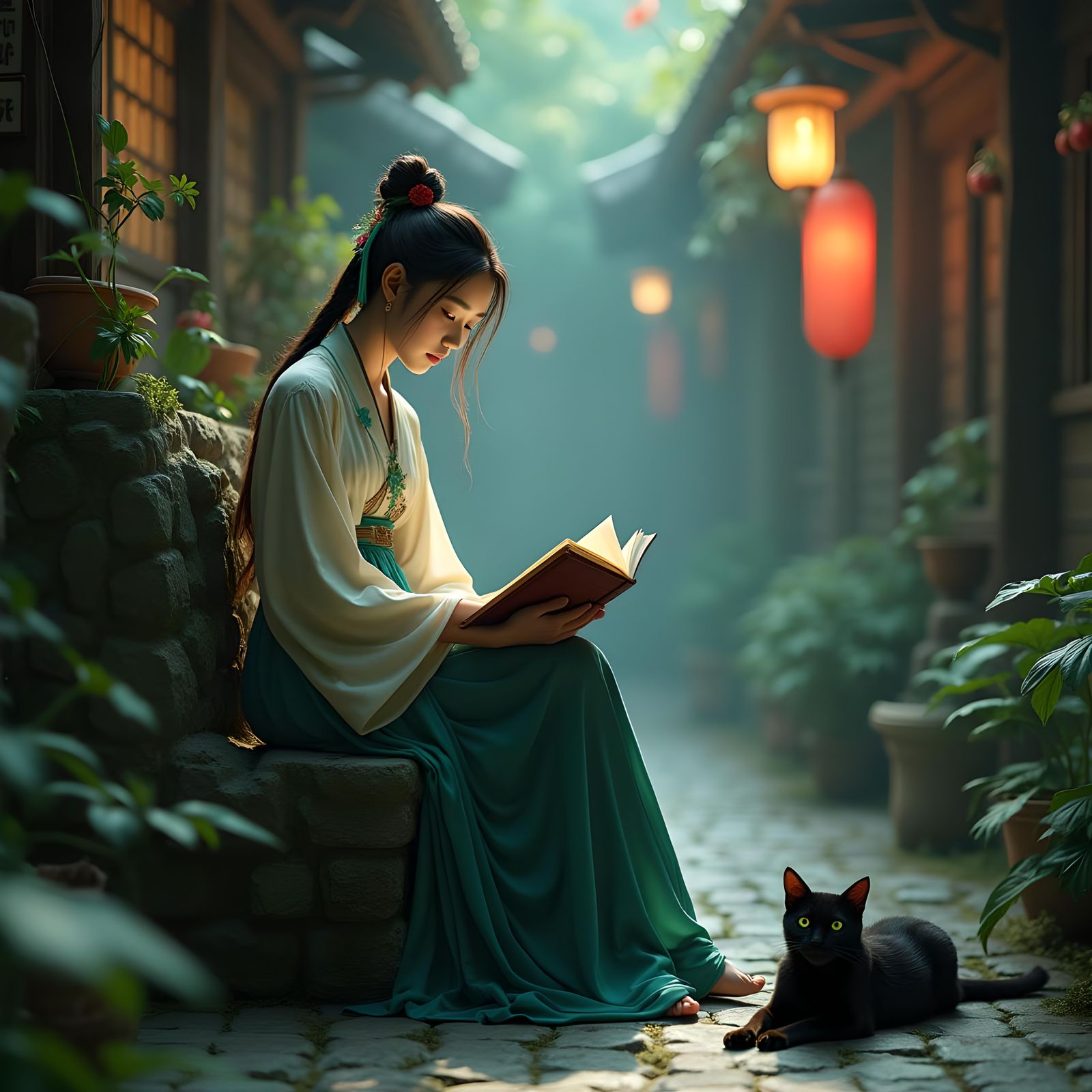 Taiwan Girl reading a book with black cat on a stone chair i...