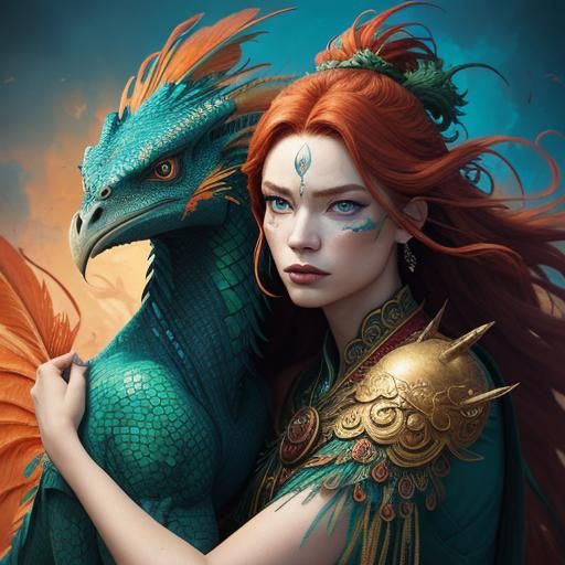 Enchanted Dragon Woman in Vibrant Brushstrokes