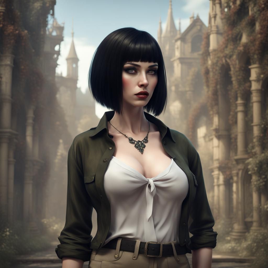 Goth English Goddess in Lush Fantasy Landscape