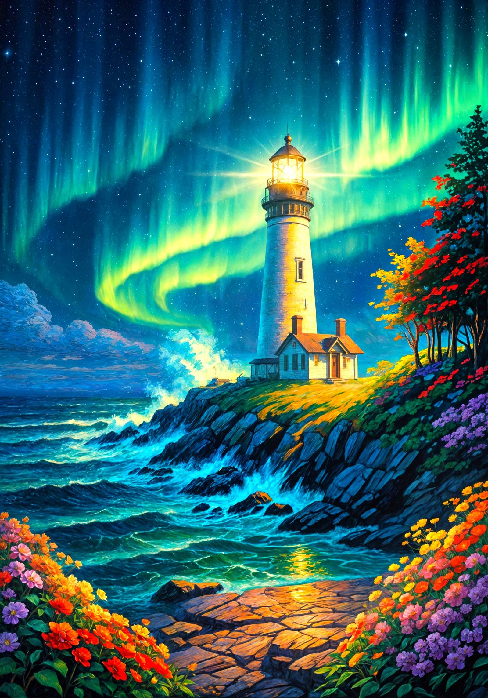 Bioluminescent Lighthouse Under Aurora, in Impressionist Sty...