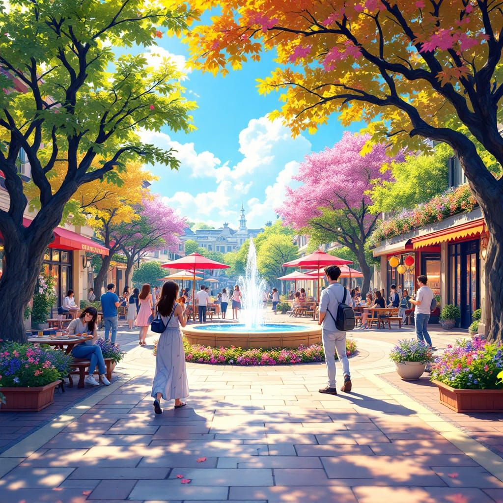 Vibrant Anime-Inspired Town Square