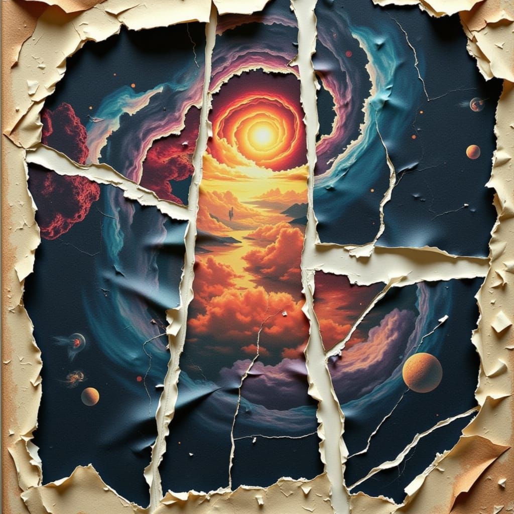 Distressed Cosmic Collage in Timeworn Posters Style