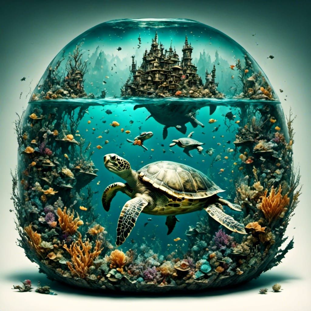 Hyper-Realistic Glass Shell Turtle in a Vibrant Sea World Sc...