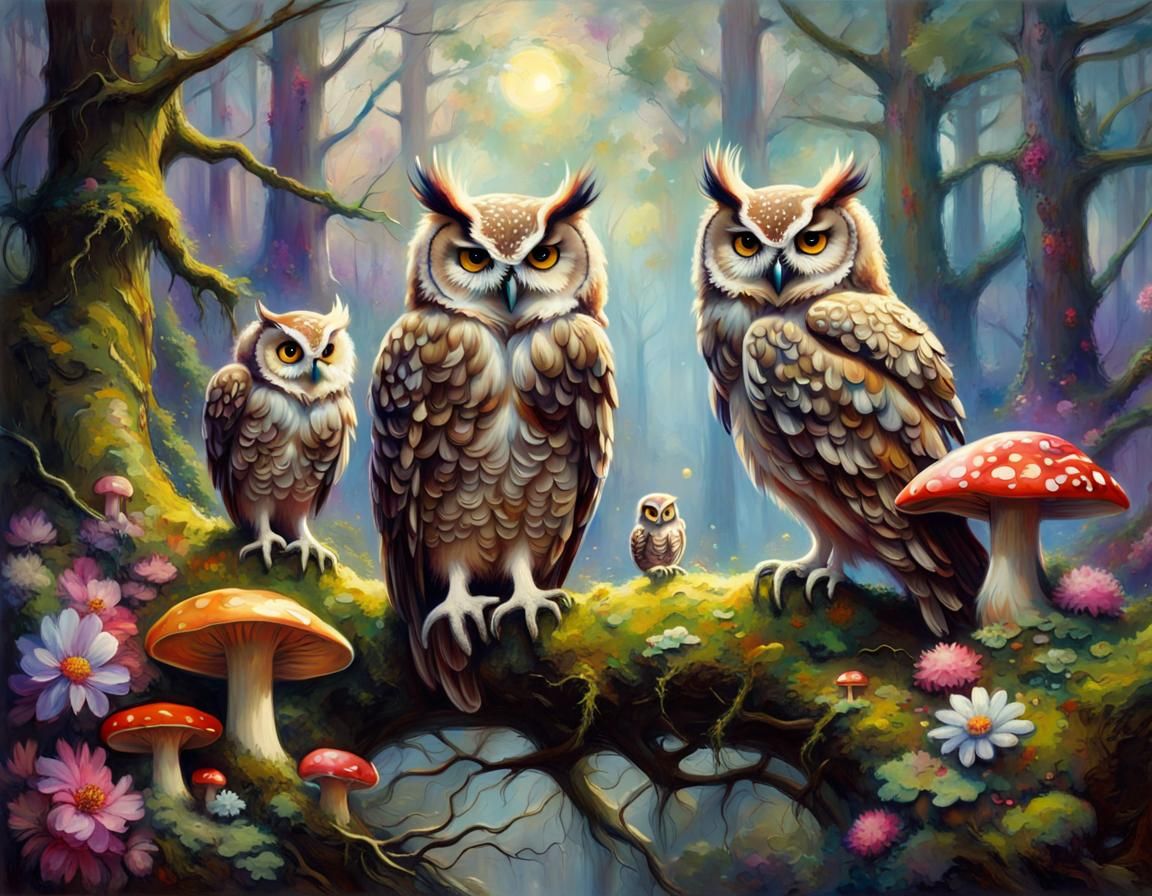 A Family of Owls in a Whimsical Fantasy Forest