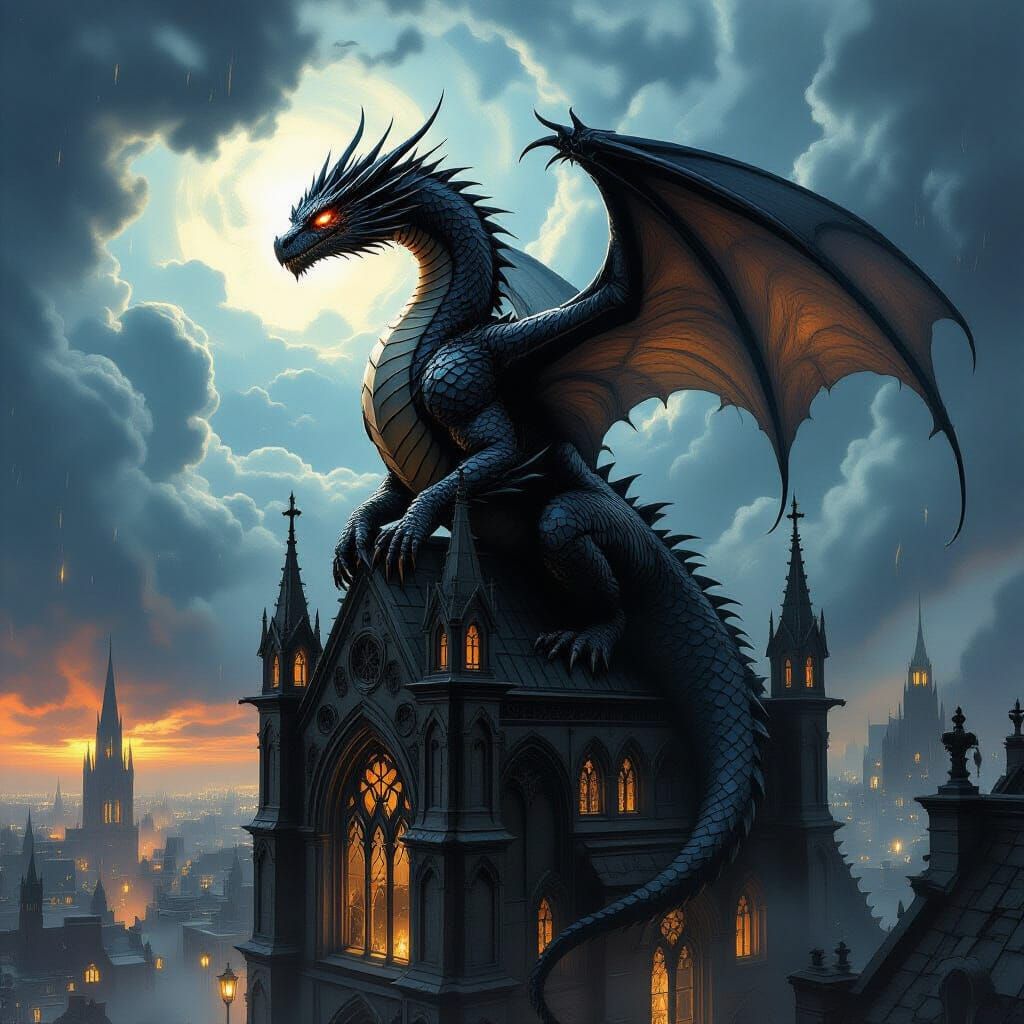 Ancient Obsidian Dragon on Gothic Cathedral