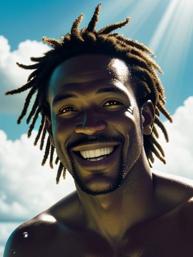 Joyful Man Laughing on Antigua Beach in Golden Sunlight