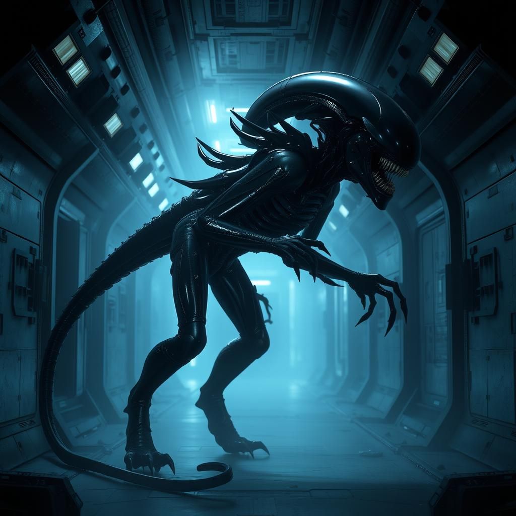 Biomechanical Xenomorph in Dark Industrial Corridor