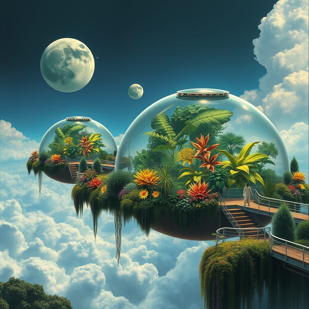 Imagine a futuristic botanical garden floating