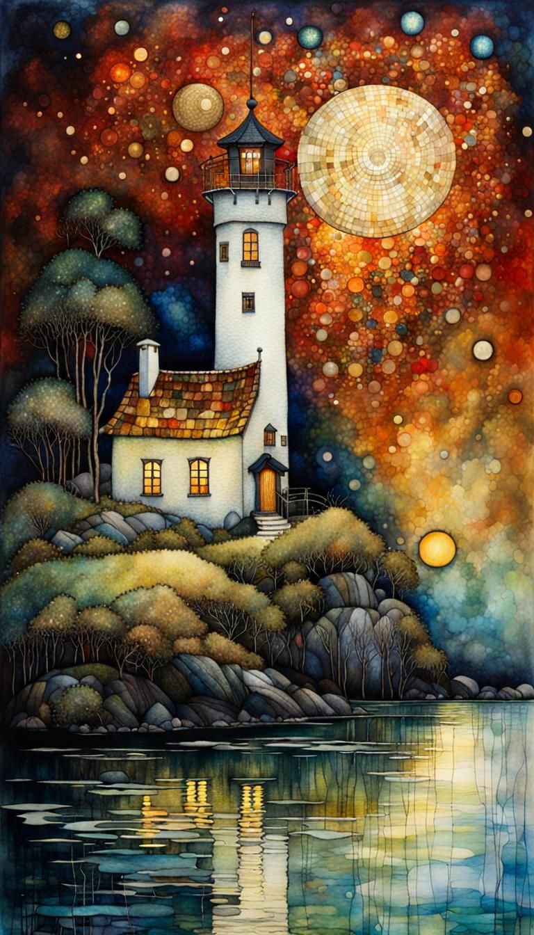 Vitreous Lighthouse on Iridescent Silk-Textured Islet