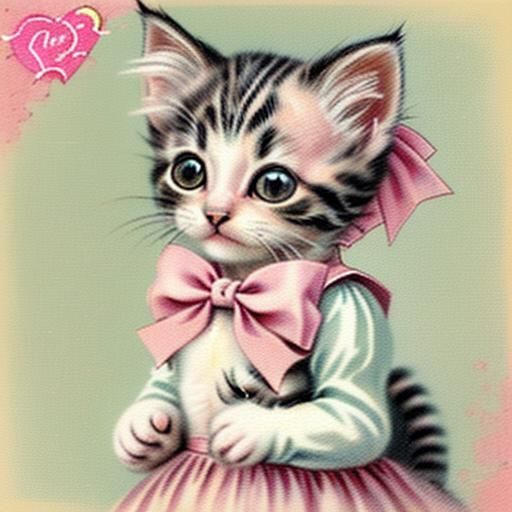 Whimsical Kitten in Vintage Art Card Style