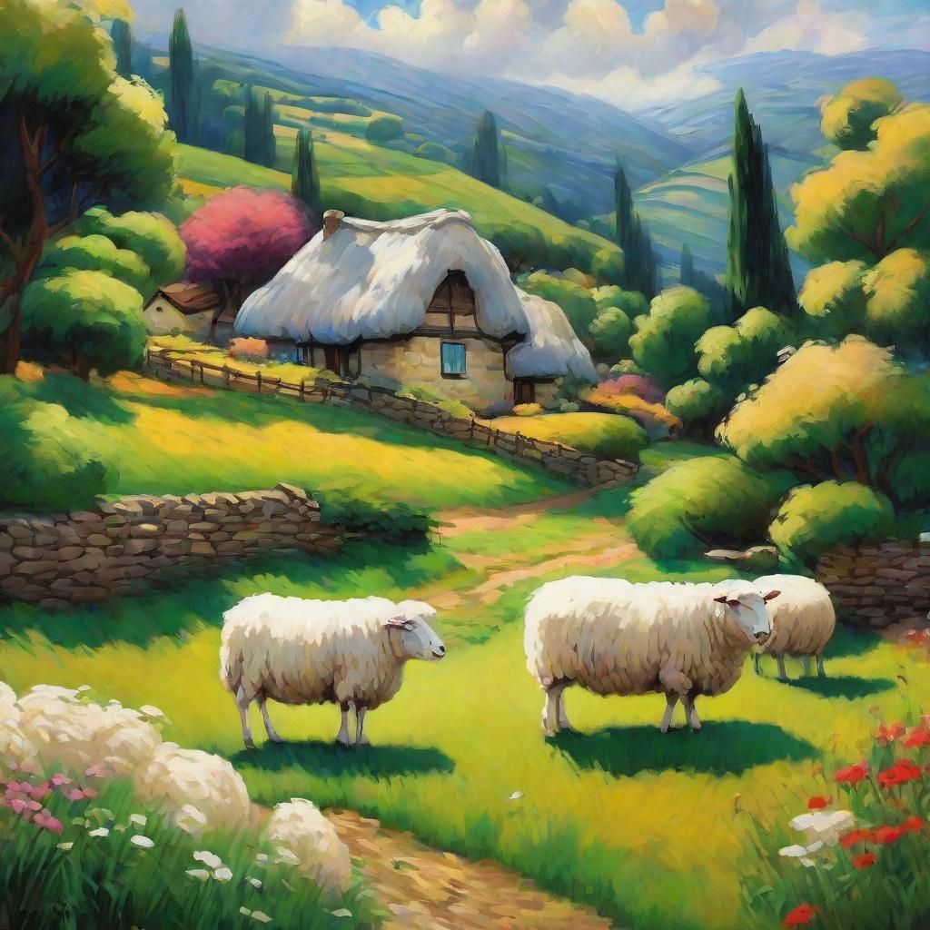 Whimsical Countryside Scene in Neo-Impressionist Style