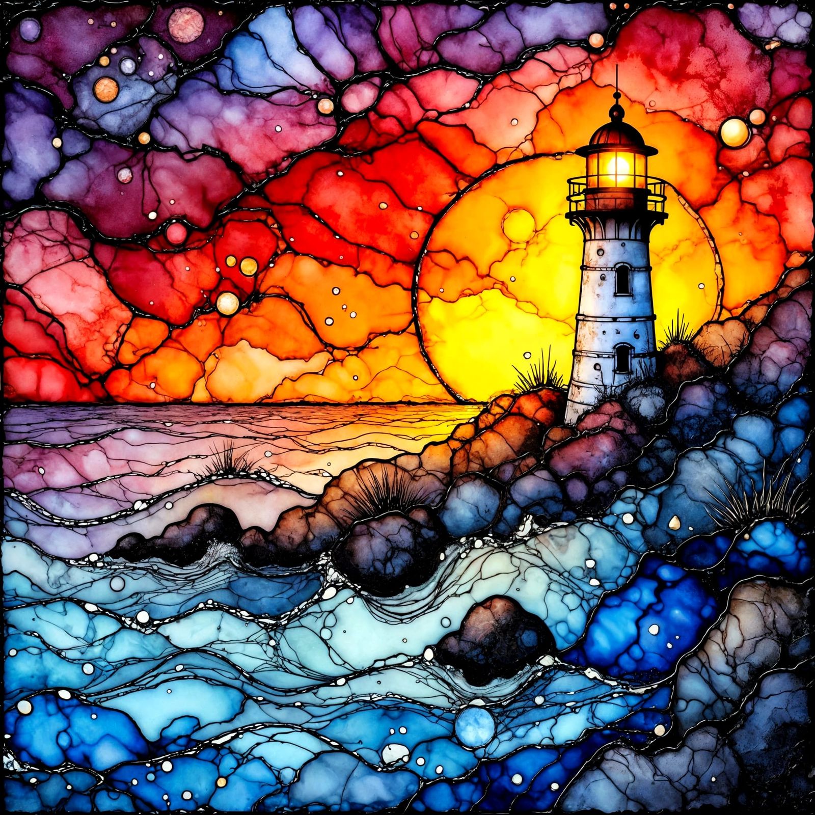 Alcohol Ink Lighthouse at Crimson Sunset