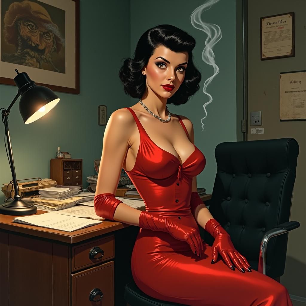 Sultry Femme Fatale Surrounded by Gritty Detective Clutter i...