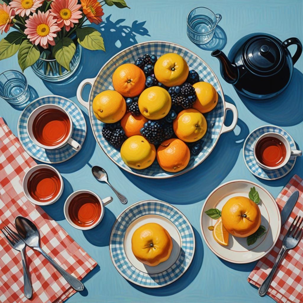 Vibrant Gingham Still Life Painting in Flat Style