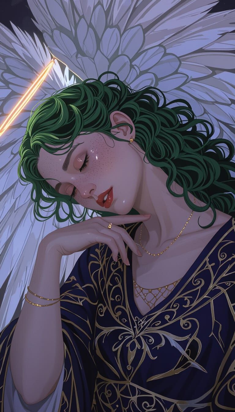 Angelic Green-Haired Woman with Wings in Digital Art