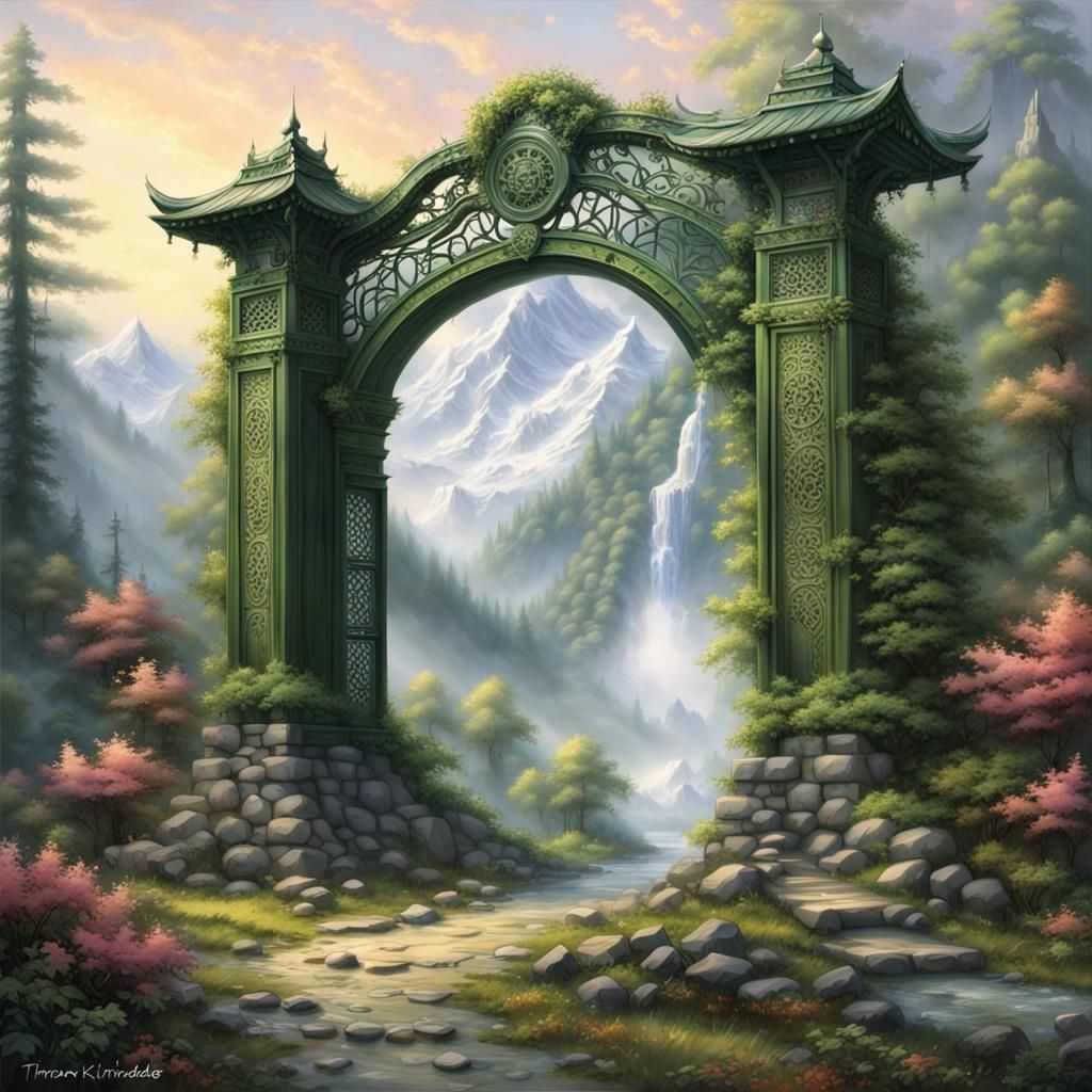 Surreal Forest Landscape with Stone Torii Gates Leading to a...