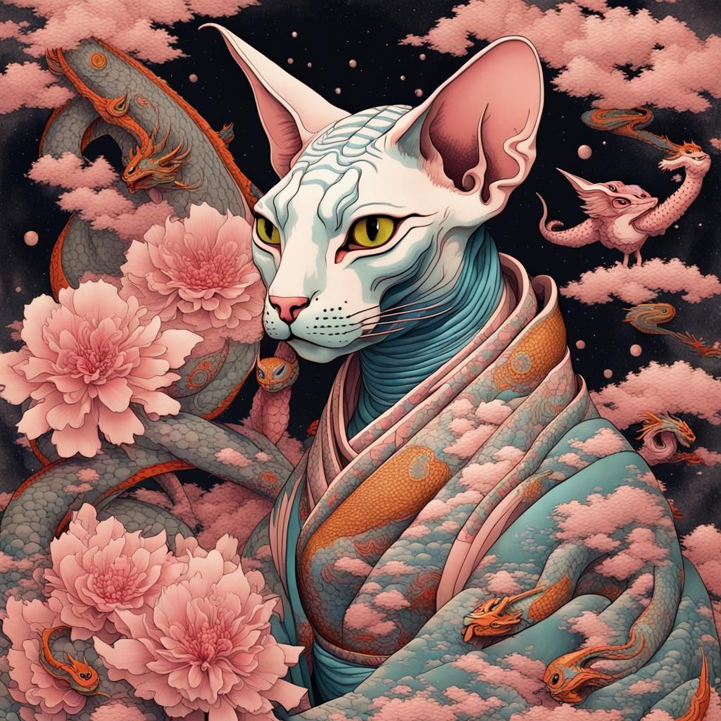 Majestic Sphynx Cat Surrounded by Dragons in Vibrant Retrofu...