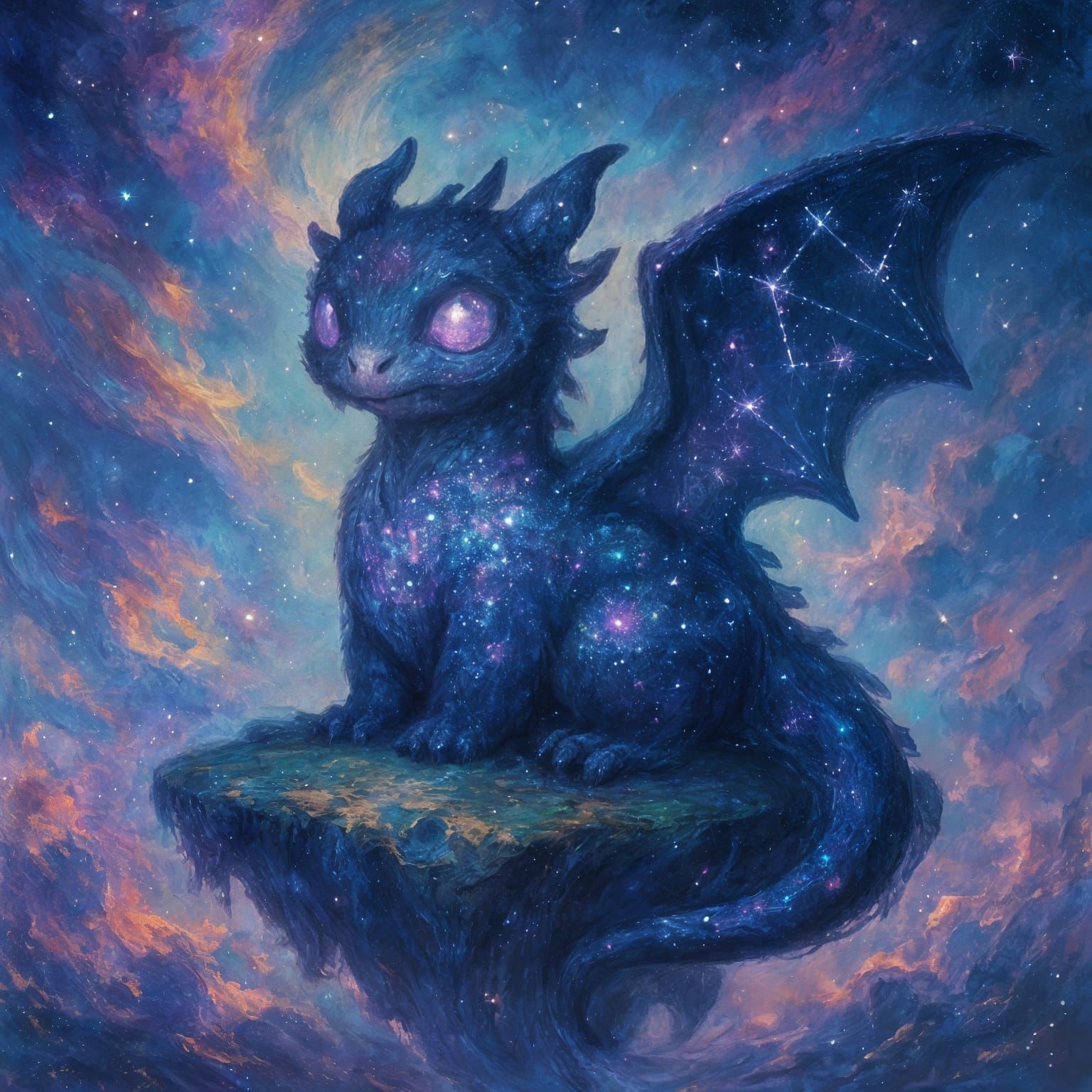 Bioluminescent Dragon on Floating Island in Cosmic Fantasy S...