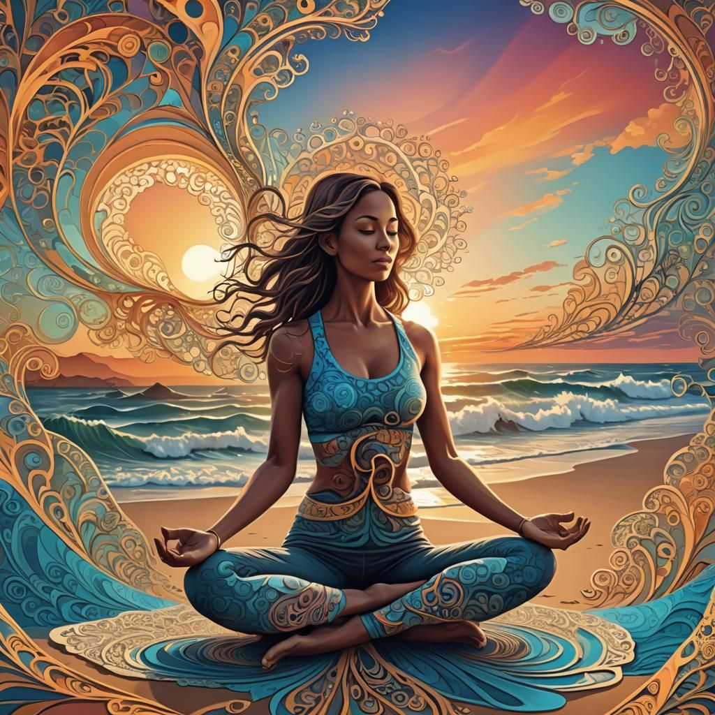 “Generate an artistic image of a woman practicing yoga at sunrise on a beach, capturing the tranquility and beauty of th...
