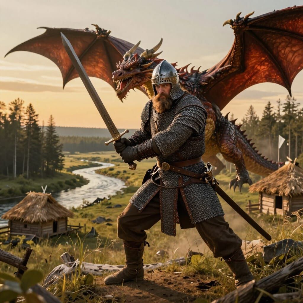 Russian Knight Battles Dragon in Epic Fantasy Art Style