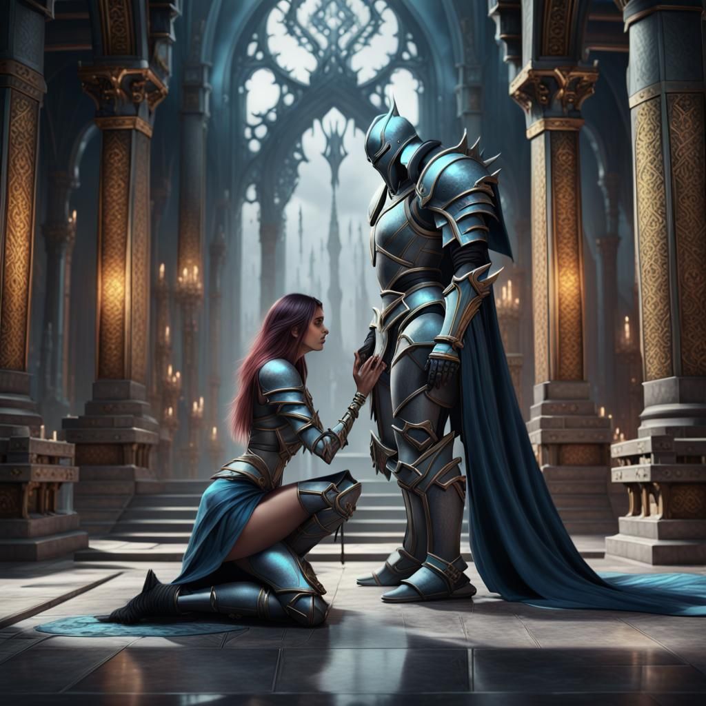 Surreal Fantasy Death Knight Bows to Enchanting Lady