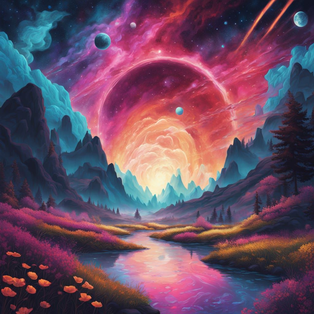 Cosmic Holographic Meadow in Vibrant Nebula