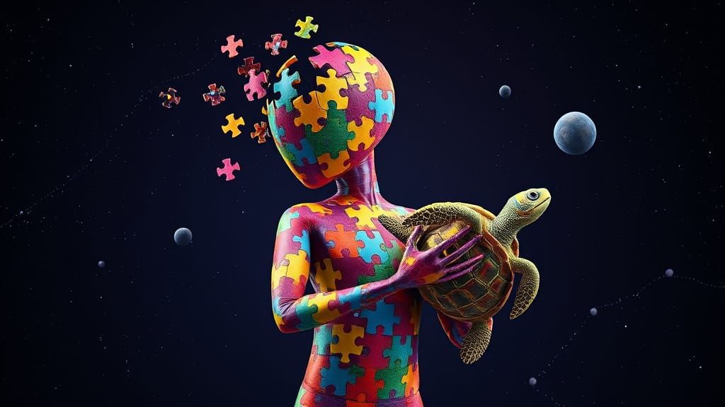 Colorful Jigsaw Humanoid Figure in Starry Space