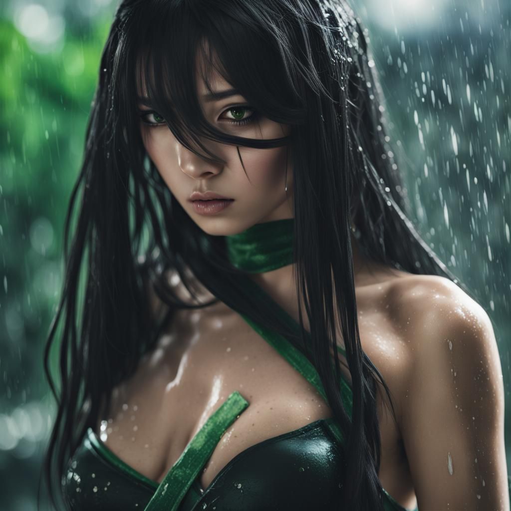 Exotic Asian Girl Portrait with Determined Stare and Green E...