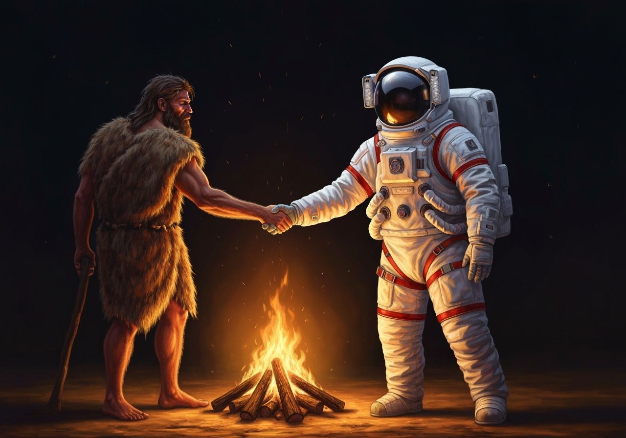 Caveman and Astronaut Shake Hands by Campfire
