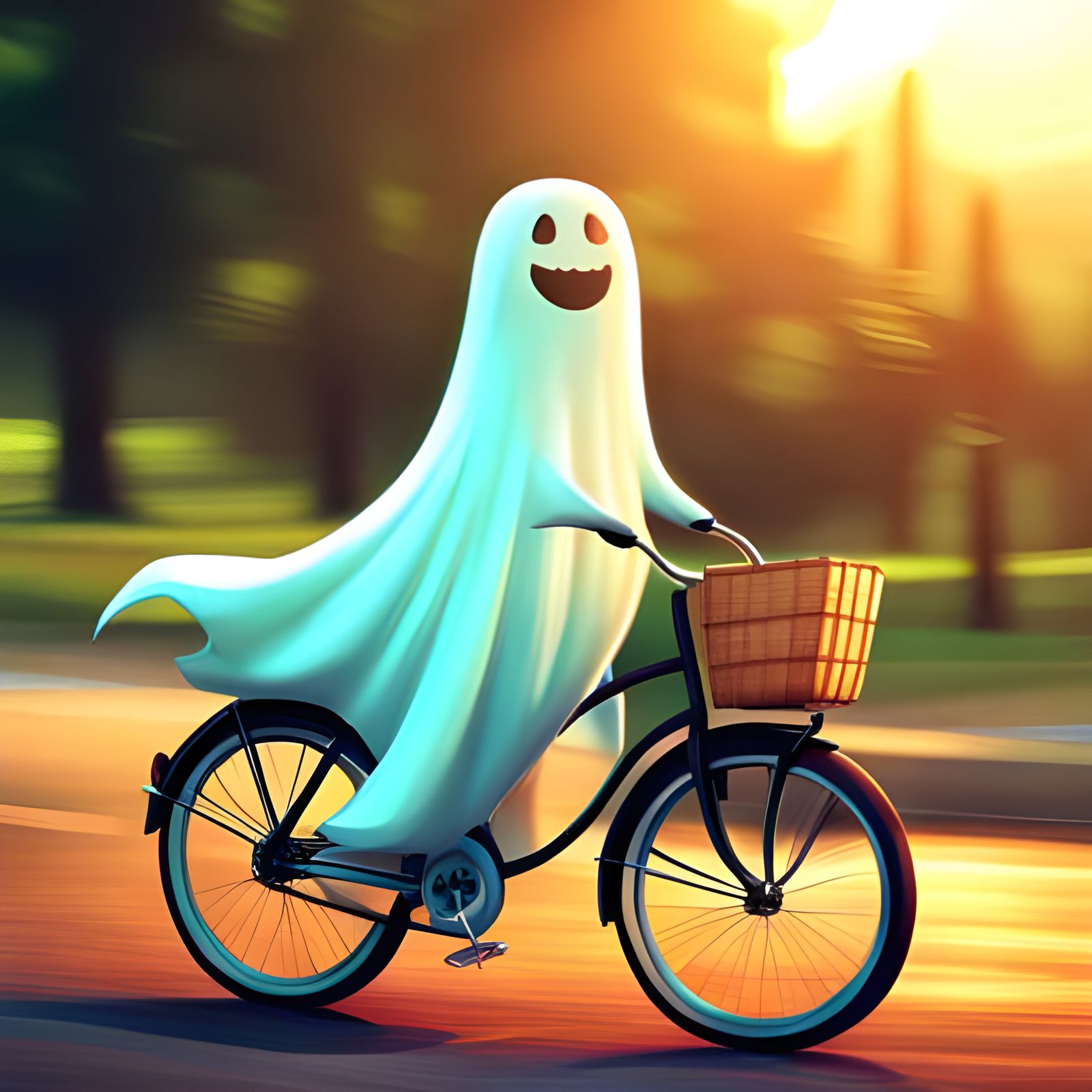 Joyful Ghost Rides Bicycle on Sunny Day in Vibrant Digital A...