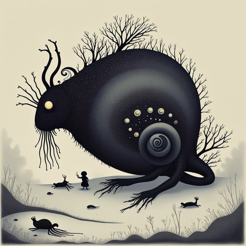 Grotesque Sea Hare Creature in Dark Fantasy Black and White...