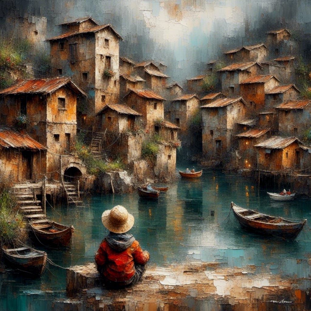 Oil and charcoal Sketch of a little boy. fishing village har...