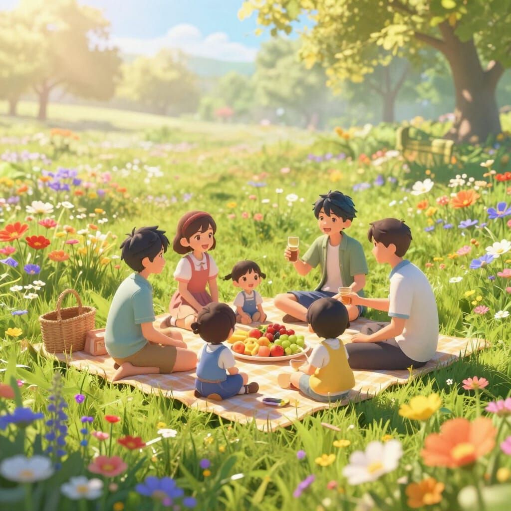 Joyful Family Picnic in a Vibrant Meadow