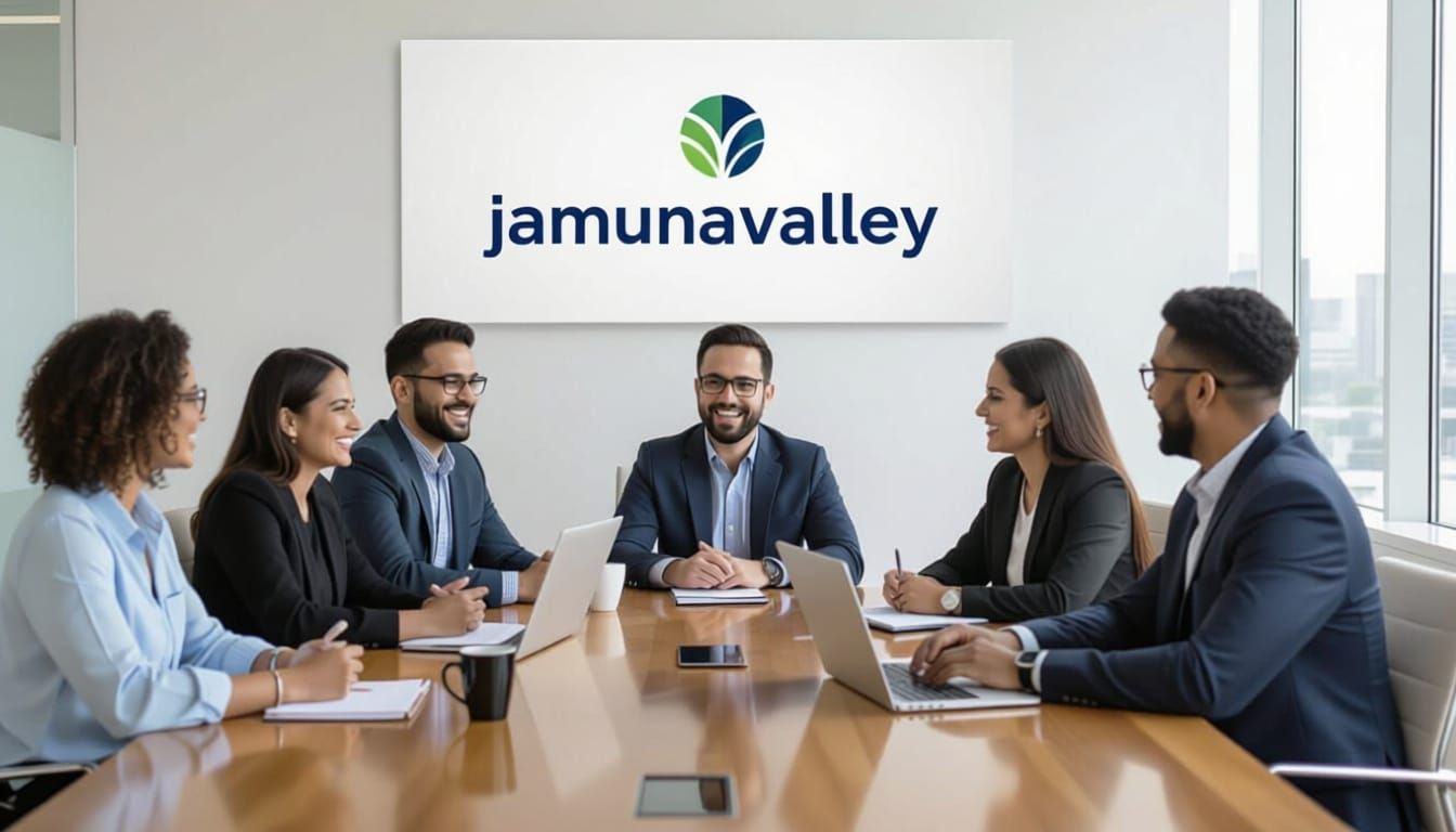 Team Meeting in Modern Office with Company Logo