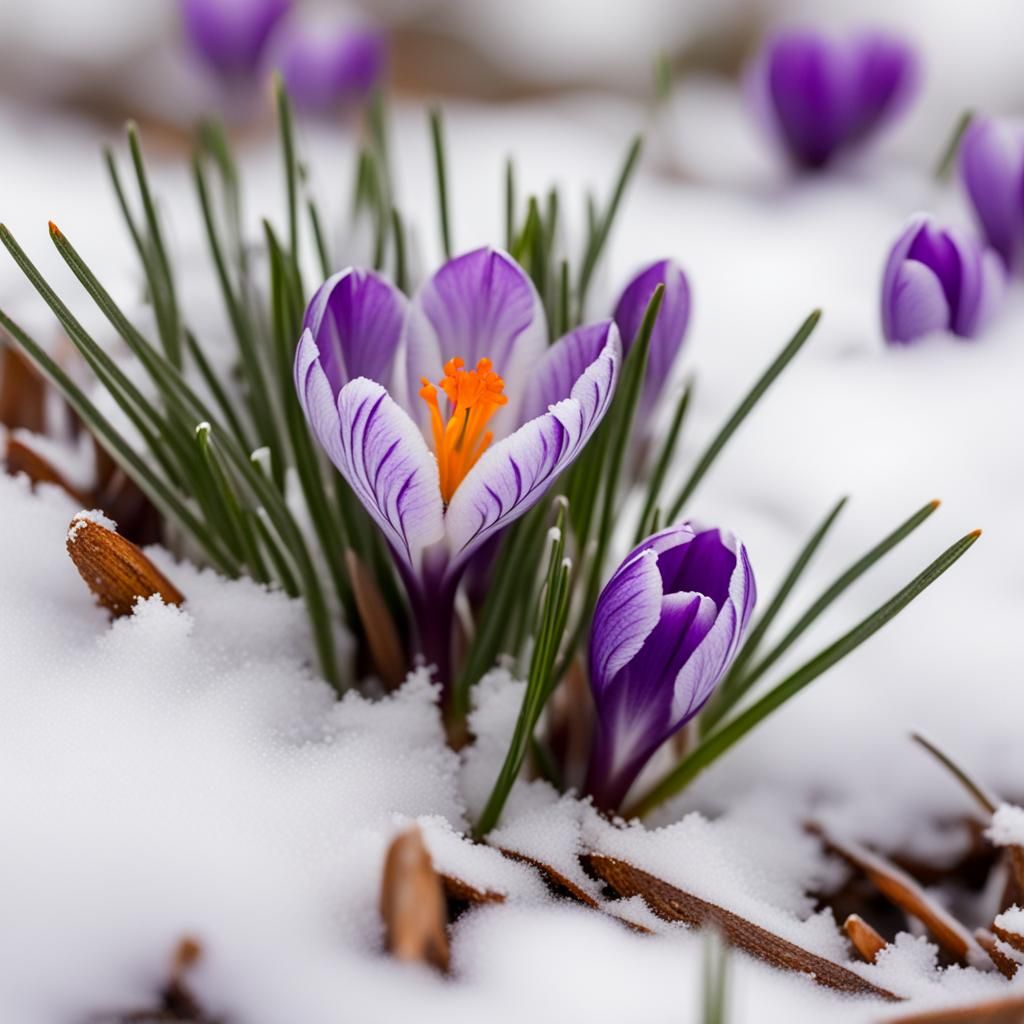 Springtime Bloom in Frosty Landscape, Captured in Vivid Colo...