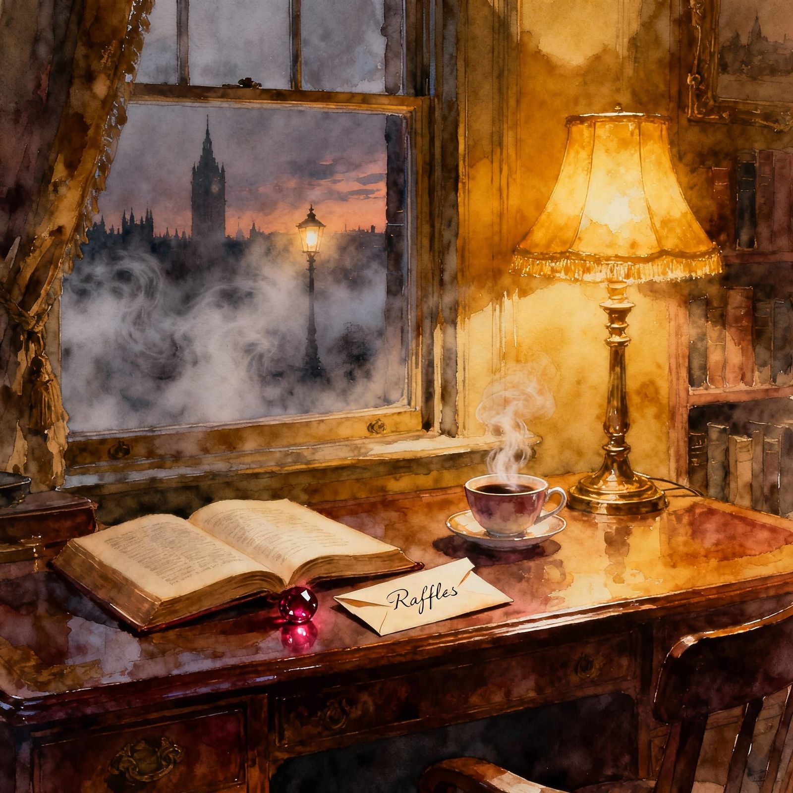 Victorian Study at Dusk with Glowing Ruby