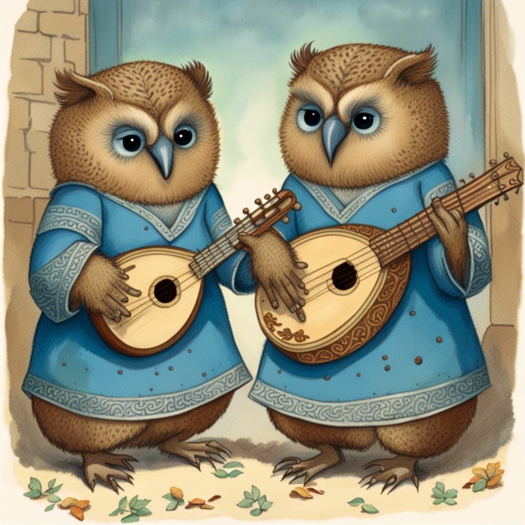 Whimsical Owlbear Duo in Lute Play
