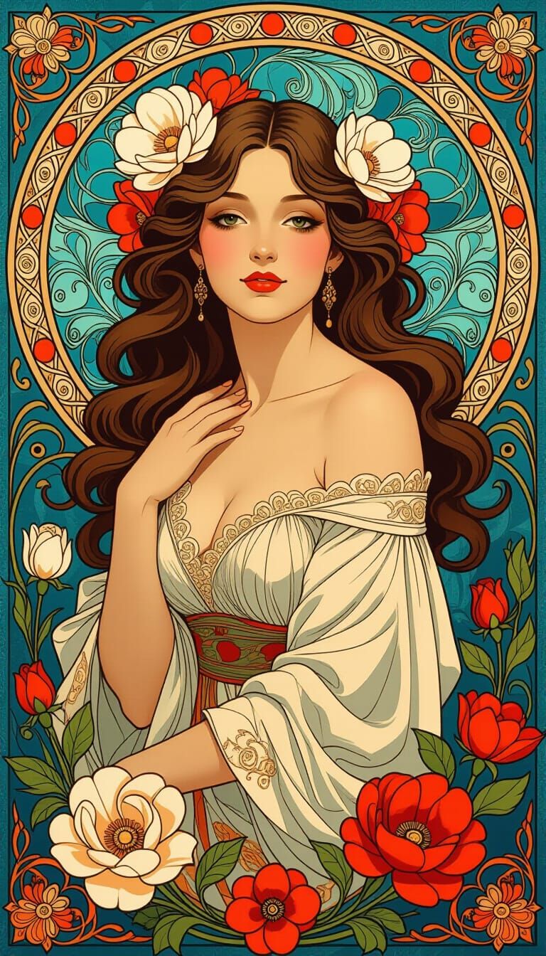 Elegant Woman with Flowers, Dynamic Composition