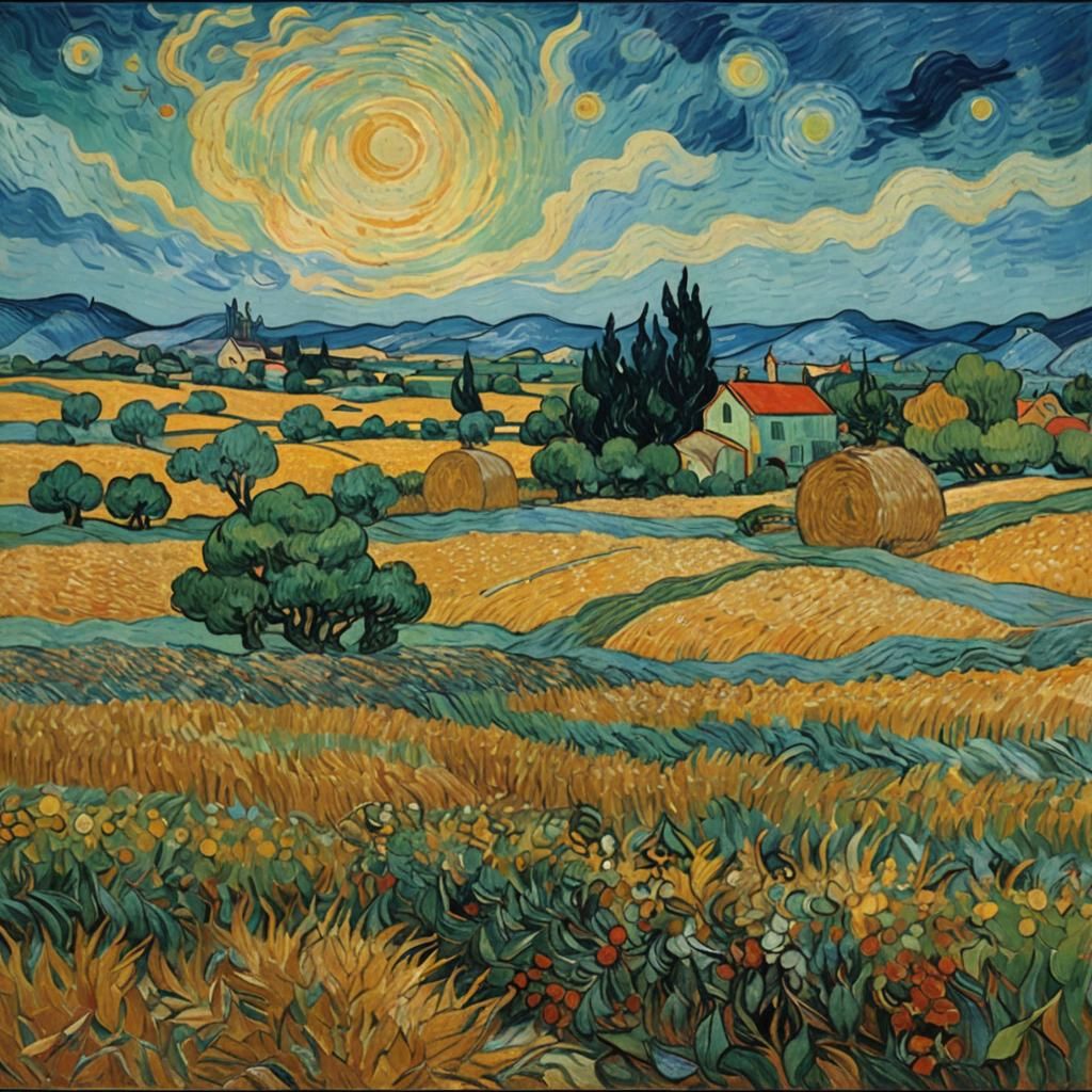 Surreal Harvest Scene under a Neo-Impressionist Twilight Sky
