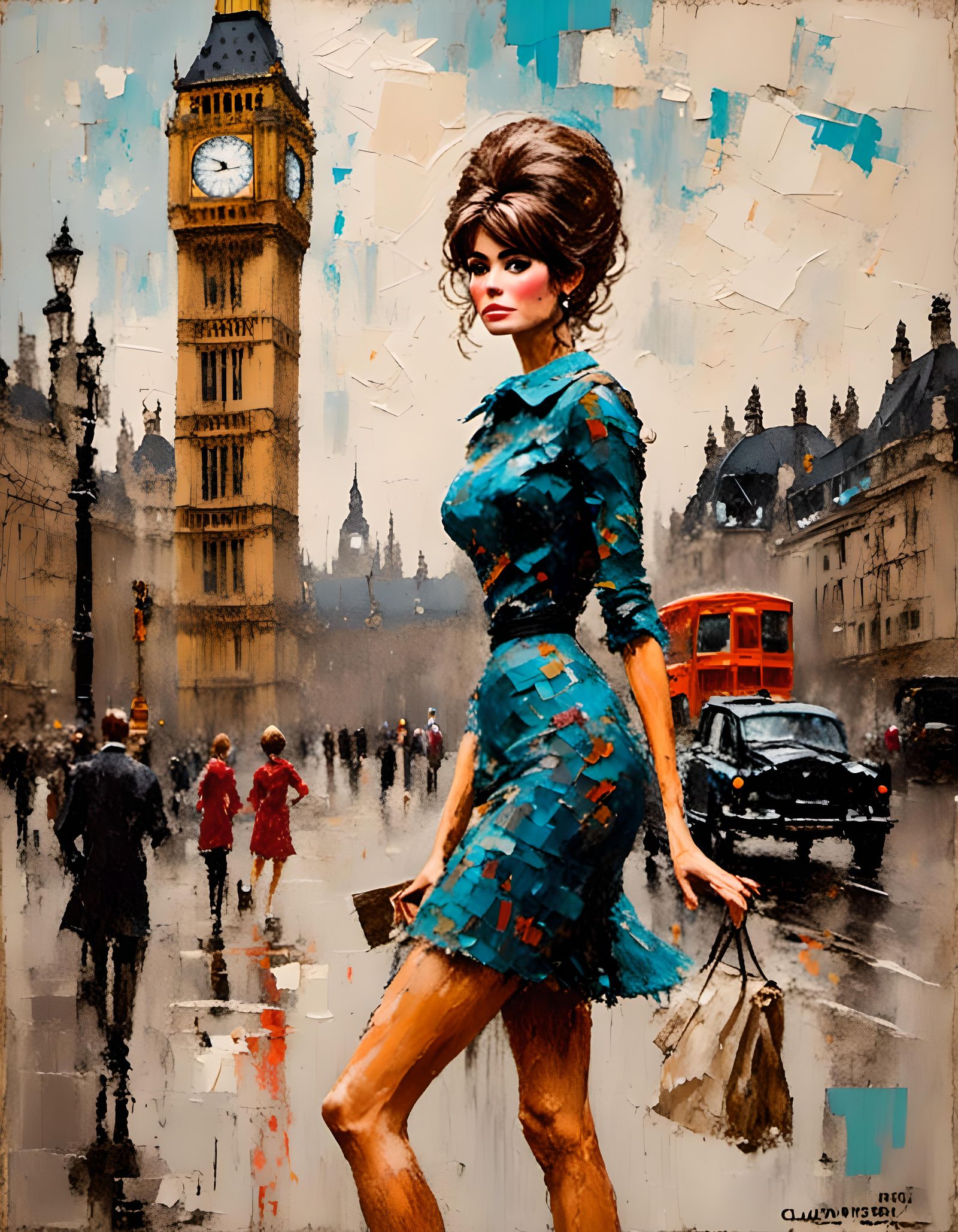 Vibrant Mod Woman in Impressionist London Landscape