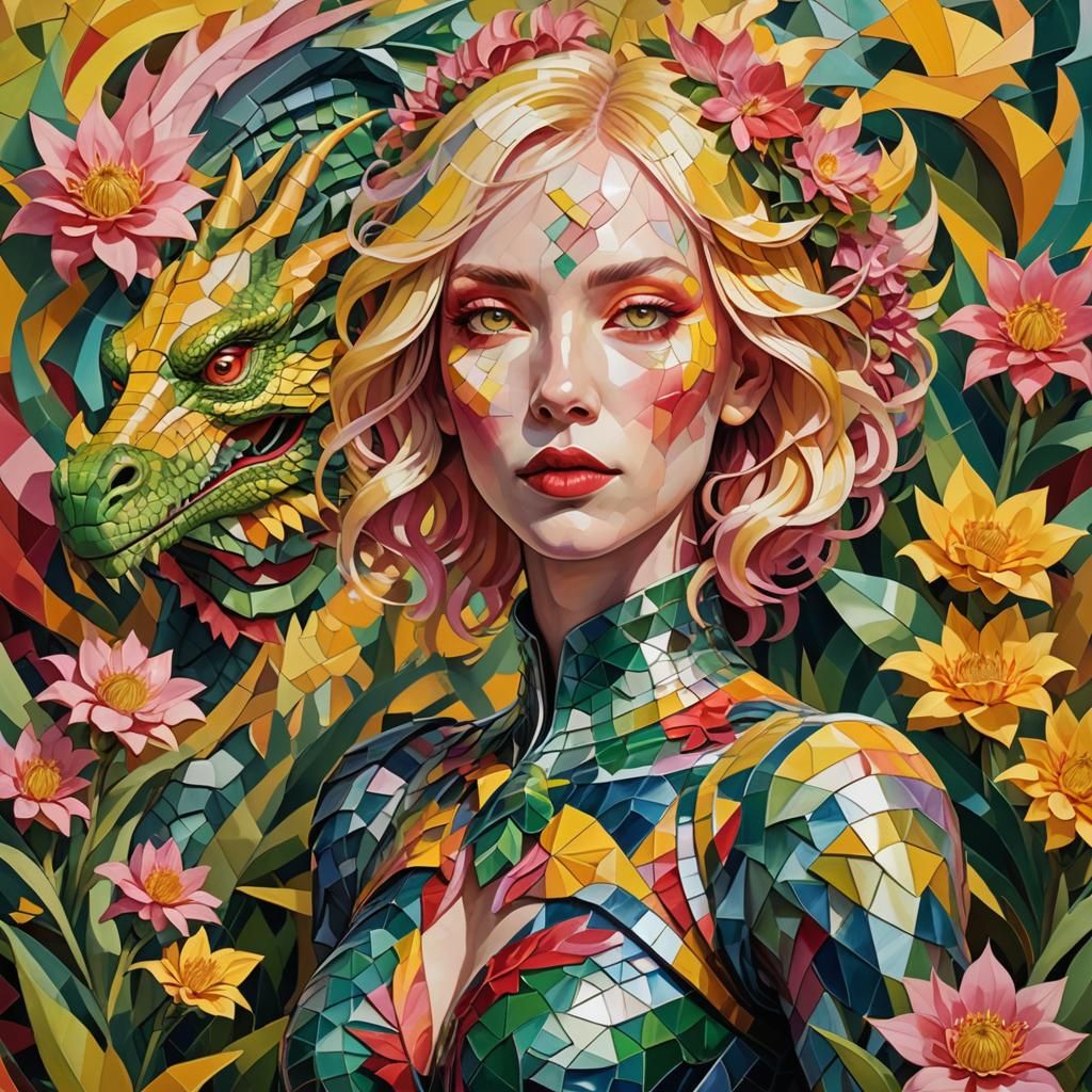 Vibrant Cubist Goddess Emerges Amidst Dragon Flowers