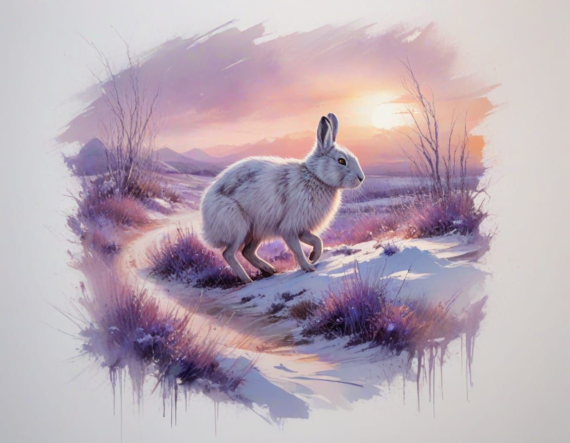 Arctic Hare in Violet Dusk, Textured Pastel Strokes