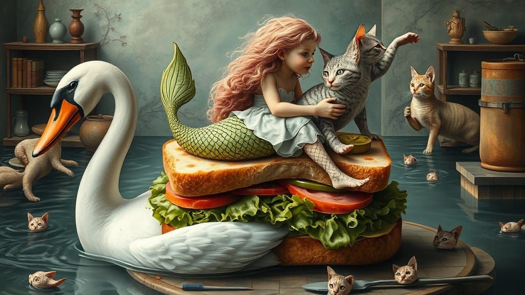 Surreal Mermaid Sandwich Scene in Art Nouveau Style